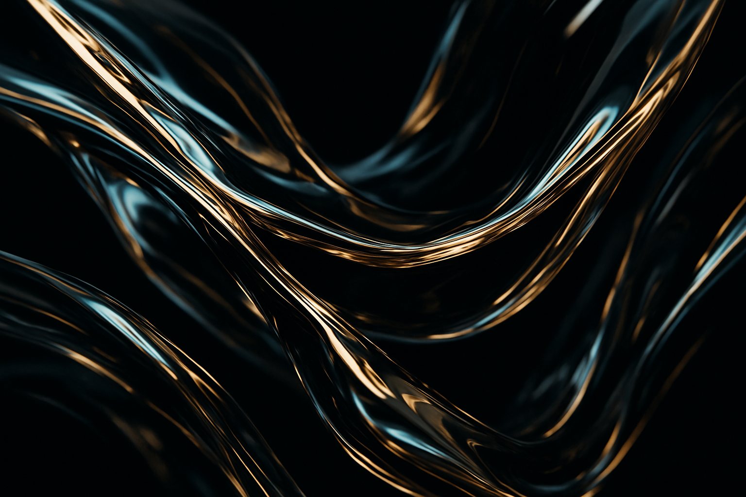 Liquid chrome ribbons with gold and ice-blue reflections on black